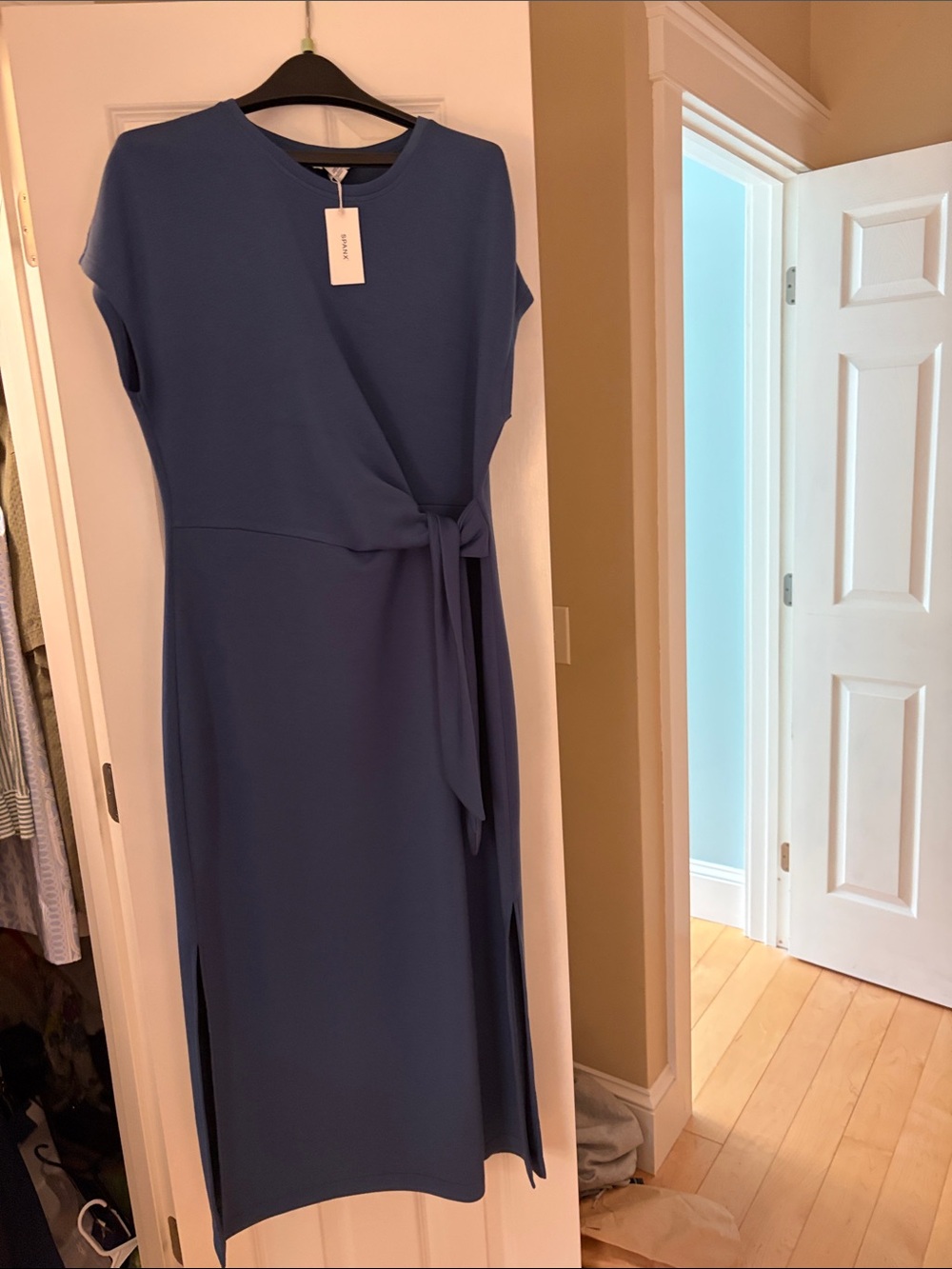 Spanx AirEssentials Maxi Tie Dress Faded Indigo Ruched Belted Long Sundress XL